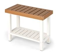 COSTWAY Shower Bench, HDPE Slatted Spa Bath Stool Shower Seat with Storage Shelf, Waterproof Non-Slip Bathroom Bathtub Chair for Elderly, Disabled and Adults, 61x31x49cm (Brown+White)