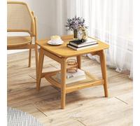 Costway Side Table Bamboo Sofa Side Table W/faux Rattan Storage Shelf-Natural