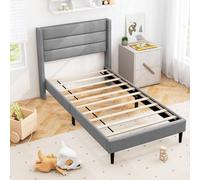 Costway Single Bed Frame Linen Upholstered Platform Bed W/headboard-Grey