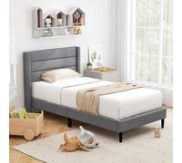 Costway Single Bed Frame Linen Upholstered Platform Bed w/Headboard in Grey COSTWAY Grey