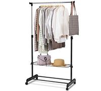 COSTWAY Single/Double Rail Garment Rack, Adjustable Metal Coat Hanger Storage Unit with Wheels and Bottom Shelf, Mobile Clothing Display Organiser Stand for Home Shop Bedroom (Single Rail+2 Shelves)
