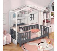 Costway Single Kids Wood House Bed With 2 Shelves And Guardrails