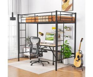 Costway Single Loft Bed Metal Bed Frame W/ Guardrail & 2 Ladders-Black