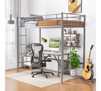 Costway Single Loft Bed Metal Bed Frame W/ Guardrail & 2 Ladders-Silver