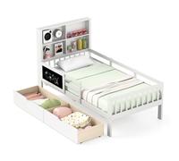 Costway Single Size Bed Frame Solid Wood Platform Bed w/2 Storage Drawers in White COSTWAY White Single