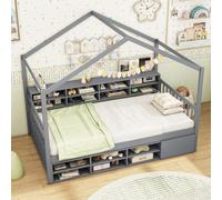 Costway Single Size House Bed With Roof Wooden Kids Platform Bed Frame With 14 Storage Cubes Grey