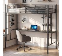 Costway Single Size Loft Bed With Desk & Shelves Metal Bed Frame With 2 Ladders-Black