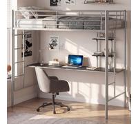 Costway Single Size Loft Bed With Desk & Shelves Metal Bed Frame With 2 Ladders-Silver