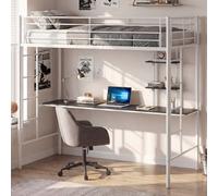 Costway Single Size Loft Bed With Desk & Shelves Metal Bed Frame With 2 Ladders-White