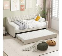 Costway Single Size Trundle Bed Linen Upholstered Daybed W/ Trundle Sofa Bed Frame