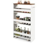 COSTWAY Slim Storage Trolley, 4 Tier Slide Out Rolling Cart on Wheels with Handle, Anti-falling Guardrail, Space-saving Utility Shelving Unit Organizer for Kitchen Office (White+Brown, 47x20x80cm)
