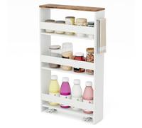 COSTWAY Slim Storage Trolley, 4 Tier Slide Out Rolling Cart on Wheels with Handle, Anti-falling Guardrail, Space-saving Utility Shelving Unit Organizer for Kitchen Bathroom Office (White+Rustic Brown)
