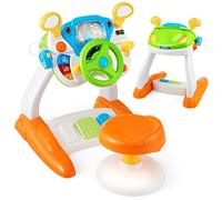 COSTWAY Steering Wheel Toy and Stool, Kids Pretend Play Driving Simulator with Cyclic Rotary Scene, Walkie-talkie, Siren Sounds, Interactive Learning Educational Gift for Toddler 3 Years +