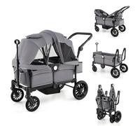 COSTWAY Stroller Wagon for 2 Kids, Push Pull Double Stroller with Adjustable Handle, Removable Canopy, Cup Holder, Food Tray, 3-Point Harness, Folding Camping Cart Trolley (Gray)