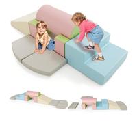 COSTWAY Toddler Climb and Crawl Foam Play Set, 10 Piece Educational Soft Climbing Blocks, Baby Soft Play Equipment for Climbing, Sliding, Crawling (Grey+Pink)