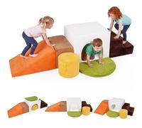 COSTWAY Toddler Climb and Crawl Foam Play Set, 6 Piece Educational Soft Foam Climbing Blocks, Indoor Baby Activity Play Structures for Climbing, Sliding, Crawling (White+Brown)