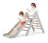 COSTWAY Toddler Climbing Frame, Kids Wooden Montessori Triangle Climber with Adjustable Ramp, Indoor Play Gym for Boys Girls (Grey)