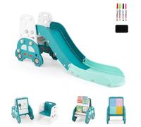 COSTWAY Toddler Slide, 5 in 1 Convertible Kids Slide Playset with Double-Sided Easel, Building Block Board, Book Rack, Indoor Playground for Boys Girls 3+ Years Old