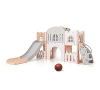 COSTWAY Toddler Slide, 8 in 1 Kids Slide Playset with Tunnel, Basketball Hoop, Telescope, Climbing Ladder & Storage Space, Indoor Playground for Ages 1-3 (Pink + Grey + White)