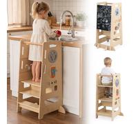 COSTWAY Toddler Standing Tower, Wooden Kids Step Stool with Chalkboard