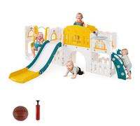 COSTWAY Toddler Swing and Slide Set, 10 in 1 Kids Slide with Climber Ladder, Basketball Hoop, Telescope, Tunnel, Storage Space, Indoor Outdoor Playground for 1+ Years Old (Green + Yellow)