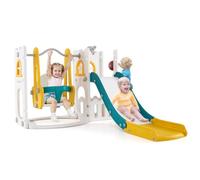 COSTWAY Toddler Swing and Slide Set, 7 in 1 Freestanding Kids Slide Playset with Swing, Basketball Hoop, Ladder, Telescope & Storage Space, Indoor Playground for Ages 1-3 (Yellow + Green + White)
