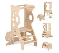 COSTWAY Toddler Tower, 3 in 1 Wooden Kitchen Stool Helper with 2 Step Stool, Removable Safety Rail, Montessori Games, Kids Learning Standing Tower for 3+ Years Old