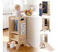 COSTWAY Toddler Tower, Wooden Kitchen Stool Helper with 3 Adjustable Heights, Chalkboard, Montessori Activity Games, Anti-Slip Feet, Kids Learning Standing Tower