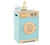 COSTWAY Toy Washing Machine, Wooden Kids Washer Playset with Sink, Rotating Wheel, Accessories, Toddler Pretend Play Kitchen Laundry Set for Boys & Girls