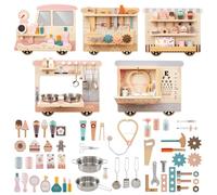 COSTWAY Train Activity Wall Busy Board, Wooden Sensory Wall Panel with Vanity, Tool Box, Play Kitchen, Doctor Kit & Snack Bar, Toddler Montessori Learning Toy for Playroom, Daycare, Nursery