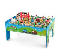 COSTWAY Train Track Set and Table, Wood Kids Play Tables with Abundant Accessories, DIY Railway Activity Playset for Boys Girls