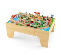 COSTWAY Train Track Set and Table, Wood Kids Play Tables with Drawer, 84Pcs Accessories, DIY Railway Activity Playset for Boys Girls
