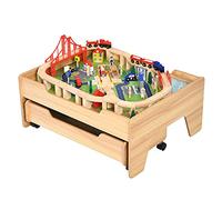 COSTWAY Train Track Set and Table, Wood Kids Play Tables with Drawer on Wheels, 100Pcs Accessories, DIY Railway Activity Playset for Boys Girls