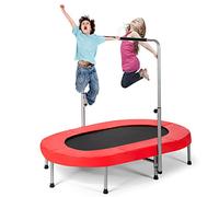COSTWAY Trampoline for Kids, 2 Persons Foldable Fitness Trampolines with 5 Levels Height Adjustable Handle, Oval Rebounder Exercise Jumper (Red)