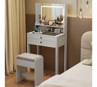 Costway Vanity Desk With Mirror & Lights 64 Cm Slim Makeup Table W/power Outlets-White