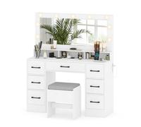 Costway Vanity Desk with Mirror & Lights Makeup Table with 7 Drawers in White COSTWAY White