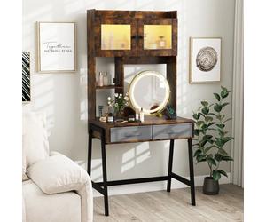 Costway Vanity Desk With Rotating Mirror Makeup Dressing Table With Cabinet-Brown
