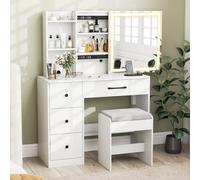 Costway Vanity Desk With Sliding Mirror And Lights Dressing Table And Chair Set-White