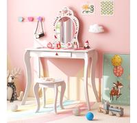 Costway Vanity Table & Chair Set Pretend Makeup Dressing Table W/ Mirror & Drawer in White COSTWAY White