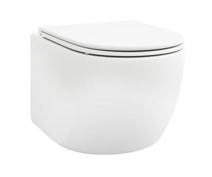 COSTWAY Wall Hung Toilet, Ceramic Rimless WC Pan with Soft Close Seat and Dual Flush System, Wall-Mounted Bathroom Toilet Bowl WC Seat, 52.5cm Long, Glossy White