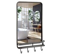 COSTWAY Wall-Mounted Bathroom Mirror, 84x48cm Rectangular Metal Frame Makeup Shaving Hanging Mirrors with Storage Shelf and 4 Hooks, Retro Accent Vanity Wall Mirror for Living Room Bedroom Entryway