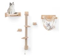 COSTWAY Wall Mounted Cat Tree, 5PCS Cat Wall Shelves with 2 Hammocks, Bed, Steps, Jute Scratching Posts & Plush Cushions, Wooden Kitten Climbing Shelf Activity Furniture Set