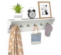 COSTWAY Wall-Mounted Coat Rack with Shelf, 80cm Wooden Wall Shelf Clothes Hanger with 6 Hooks, Floating Wall Coat Hooks Hallway Storage Unit Display Organiser for Entryway Bedroom Bathroom (White)