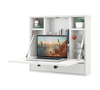 COSTWAY Wall-Mounted Drop-Leaf Table, Space Saving Laptop Computer Desk Workstation, Folding Hanging Table Cabinet with Storage Drawer and Shelves, 60x15x57cm (White)