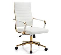 Costway White & Gold Ribbed Leather Swivel Office Chair with Wheels COSTWAY White