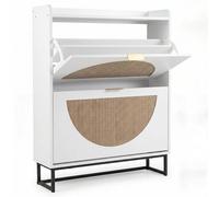 Costway White Narrow Shoe Cabinet with 2 Flip Drawers Slim Faux Rattan Front COSTWAY White
