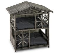 Costway Wicker Cat House 2-Tier Cats Condo Enclosure W/ Removable Cushions-Grey