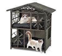 COSTWAY Wicker Cat House, 2-Tier Cats Condo Enclosure with Removable Cushions, Roof, Windows & Doors, Elevated Kitten Shelter for Indoor Outdoor