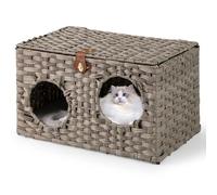 COSTWAY Wicker Cat House, Foldable Cats Bed with Soft Removable Cushion & Lockable Lid, Indoor Rattan Kitten Condo Pet Hideaway Cave, 60 x 35 x 35cm