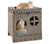 COSTWAY Wicker Cat House, Foldable Cats Litter Box Enclosure with Litter Mat, Flip-Down Door, Removable Cushion, Indoor Rattan Kitten Condo